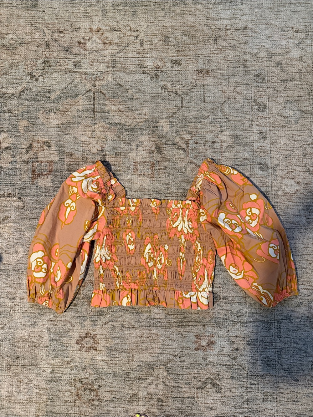 Cleobella Peach Floral Smocked Puff-Sleeve Crop Top